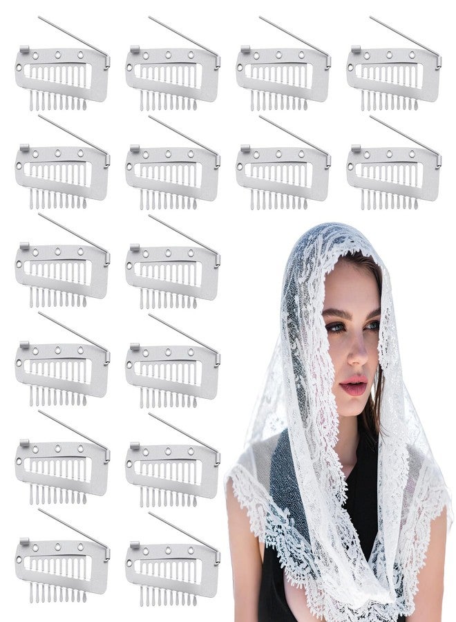 EupHHonycs 16 Pcs Chunni Clips with Safety Pins, 10-Teeth Hair Extension Snap Invisible Wig Combs No Sew, Strong Chunni Grip Dupatta Setting Clips Indian for Woman Veil Hair Extensions Hairpieces, Silver - Image 1